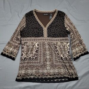 Axcess Liz Claiborne Womens XL Brown Paisley Mesh 3/4 Sleeve Tunic Top‎ Boho Y2K